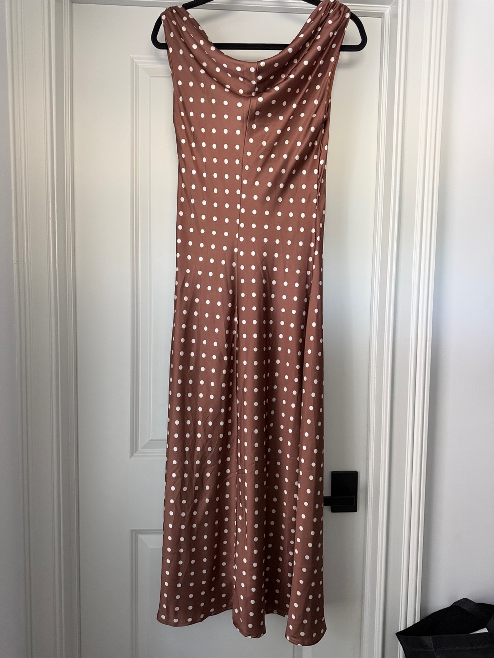 Brown Polka Dot Cowl Neck Midi Dress - Picture 2 of 15